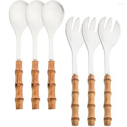 Dinnerware Sets Natural Bamboo 6Pcs Silver Cutlery Set Kitchen Vintage Serving Forks Spoons Flatware Stainless Steel Tableware