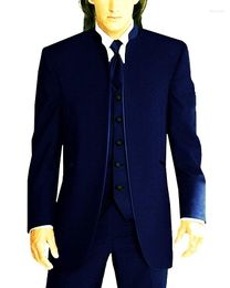 Men's Suits Custom Made Groomsmen Navy Blue Groom Tuxedos Mandarin Lapel Men Wedding Man Blazer ( Jacket Pants Vest Tie ) C470