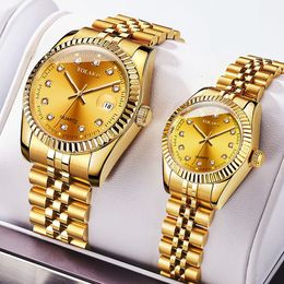 Wristwatches Stainless Steel Calendar Quartz Watches for Women Men Leisure Fashion Golden Ladies Clock Wristwatch Relogio Watch 230727