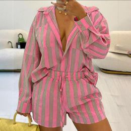 Women's Tracksuits Women Spring Autumn Fashion Printed Striped Long Sleeved For Shirt Set Casual Simple Pocket Shorts Lace Up Female 2 Piece