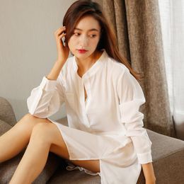 Women's Sleepwear Sexy Pyjamas Women Chiffon Seductive Lingerie White Long Sleeve Shirt Nightdress Summer