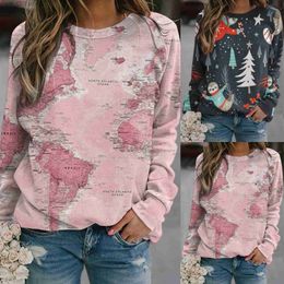 Women's Hoodies Sweatshirts Pink World Map Print Sweatshirts Womens Shirts Vintage Pattern Round Neck Long Sleeve Hoodies Print Flower Casual Pullover T230727