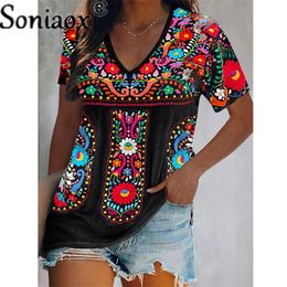 Women's T-Shirt Sexy Boho V Neck Patchwork Blouse Tops Summer Women Short Sleeve Loose Casual Ethnic Style Print T-Shirt Pullover 230727