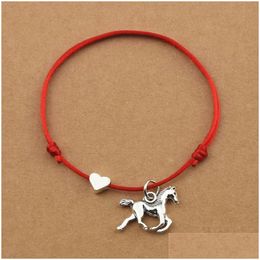 Charm Bracelets Vintage Running Horse Pendant Heart Lucky Red Cord Rope Adjustable For Women Men Animal Jewellery Gifts Drop Delivery Dhfnn