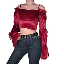 Womens Blouses Shirts Women Spring Autumn Suspender Blouse Flare Long Sleeve Crop Tops Slimming Wrap Cheat Pleated Club Evening Party Fashion 230726