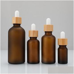 Sprayer Bottles Frosted Brown Glass Dropper Bottle With Bamboo Lid Top Cosmetic Cuticle Hair Essential Oil Drop Delivery Office School Dhyfj