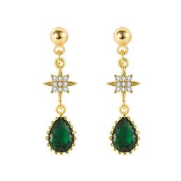 Dangle & Chandelier Vintage Fashion Stars Green Crystal Emerald Gemstones Drop Earrings For Women Gold Colour Jewellery Bijoux Party 336c