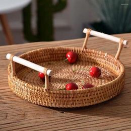 Storage Baskets 32cm Rattan Handwoven Round Serving Tray Food Plate With Wooden Handles Wicker Basket For Fruit Breadbasket