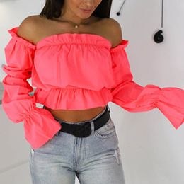 Womens Blouses Shirts Candy Color Off Shoulder Crop Tops women Summer dot print lantern sleeve shirts Lady Sexy Slash neck beach blouse 230726