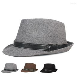 Berets QBHAT Men Short Brim Jazz Felted Cap With Belt Buckle Classic Solid Men's Dad Fedora Hats For Gentleman Faux Wool