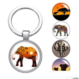 Keychains Lanyards Elephant Love Animals Patterns Glass Cabochon Keychain Bag Car Key Rings Holder Charms Sier Plated Chains Men Wom Dh87O