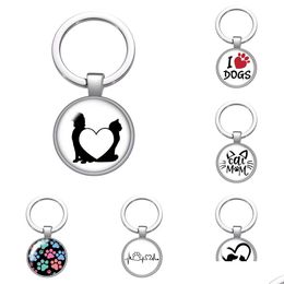 Keychains Lanyards Love Cat Pet Footprints Dogs Glass Cabochon Keychain Bag Car Key Chain Ring Holder Charms Sier Color For Women Gi Dhvjl