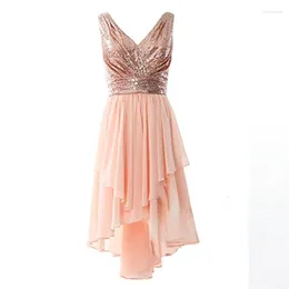 Party Dresses Style V-neck Sleeveless Sequined Chiffon Irregular Hem Short Skirt Zipper Open Back Evening Dress Sexy Ball Gown