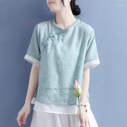 Ethnic Clothing 2023 Traditional Chinese Vintage Qipao Blouse Women Zen Shirt Retro Cotton Linen Flower Embroidery Service