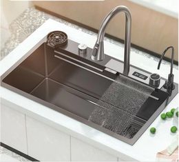 2023 Waterfall Sink Kitchen Stainless Steel Topmount Sink Large Single Slot Wash Basin With Multifunction Touch Waterfall Faucet