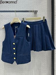 Two Piece Dress Bearomad Designer Summer Vintage Dark Blue Colour Skirt Suit Womens Sleeveless Waistcoat Vests CoatRegular Waist Pleated 230727