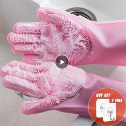 Silicone Cleaning Rubber Gloves Convenient For Kitchen Household Sponge Washing Dishes Multifunctional And Durable 3 Pair230O