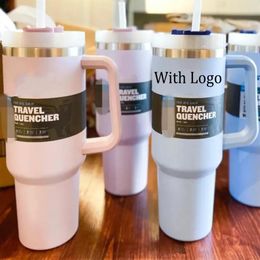 Ready to Ship 40oz Tumblers With Logo Handle Insulated Water Bottles Lid Straw Stainless Steel Coffee Mugs Termos Cup234K