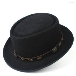 Berets Fashion Men Women Pork Pie Hat With Punk Belt Fedora For Gentleman Wool Flat Fedorta