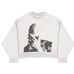 Men's Sweaters White Sweater Woman Character Pattern Loose Retro Knit Jacket Fashion Women's Winter 230726