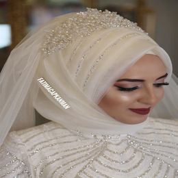 Ivory Muslim Bridal Veils 2018 Beading Pearls Tulle Wedding Hijab for Saudi Arabia Brides Custom Made Elbow Length Bridal Veils273O