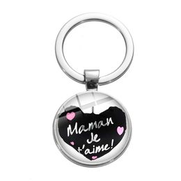 Keychains Lanyards Je Taime Maman Love Heart Po Keychain French Letter I Mother Crystal Key Chain For Papa Mom Llaveros Keyring Jewe Dh2Ah