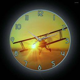 Wall Clocks Vintage Flying Biplane Sunset Luminous Clock For Pilot Home Decor Aviation LED Lighted Sign Old Aircraft Nightlight