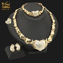 Wedding Jewelry Sets ANIID Dubai Gold Plated Jewelry Necklace Set Wedding Bride Women Nigerian XOXO Heart Crystal Bracelets And Earrings Ring 230727