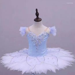 Stage Wear Professional Ballet Tutu Children Girls Dress Ballerina Sky Blue Velvet Bodice Pancake Swan Lake Dance Costumes Kids