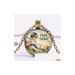 Pendant Necklaces Just Read Necklace Children Reading Book Picture And Rabbit Cartoon Glass Cabochon Sier Plated Choker For Lovers Dro Dhqk1