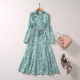 2023 Autumn Green Floral Print Belted Dress Long Sleeve Lapel Neck Buttons Single-Breasted Casual Dresses A3Q191341 Plus Size XXL