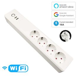 Smart Power Plugs Wifi Smart Power Strip 4 EU Outlet 16A Plug Socket With 2 USB Charging Port App Voice Control Work With Alexa Home HKD230727