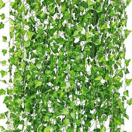 Decorative Flowers Ivy Vines For Bedroom 12-Strands Fake Green Leaf Artificial Plants Hanging Wedding Party Wall Decor