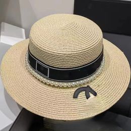 Trendy Women's Straw Bucket Hats Stylish Casual Water Pearl DoubleC Letters Large Brim Flat Top Hats