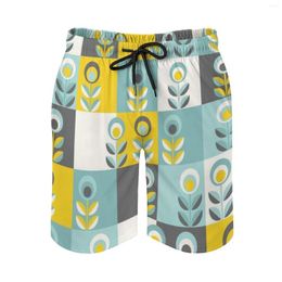 Men's Shorts Scandinavian Flowers 02 Yellow-Gray-Teal Retro Pattern Sports Short Beach Surfing Swimming Boxer Trunks Bathing