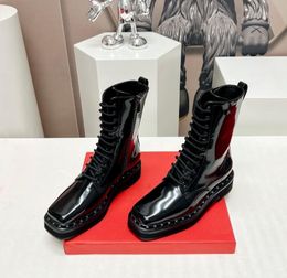 2023 Latest Women's Short Boots Matte Leather Face Shiny Leather Lace up with Liuding Decoration Formal Casual Banquet Work Matching Size 35-42 Box