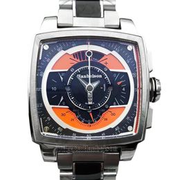 Mens Watch Square Chronograph Orange dial 44MM Motion Steel Two tone Black stap Quartz Wristwatch287n