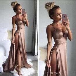 Sexy Thigh High Slits Dresses Evening Wear Simple Long Party Dress Spaghetti Straps Deep V Neck A Line Prom Gowns Custom Made283P