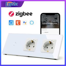 Smart Power Plugs BINGOELEC ZigBee Touch Switch EU Standard ZigBee Socket Glass Panel 1Gang 2Gang 3Gang 1Way Wall Light Switches Smart Home HKD230727