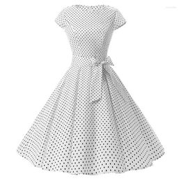 Casual Dresses Womens 1950s Vintage Rockabilly Prom Dress Cap-Sleeve Small Polka Dot Printed Belted Bowknot Empire Waist Midi Swing U4LF