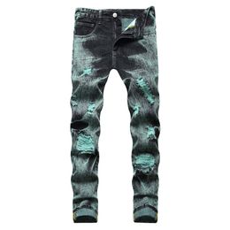 Men's Jeans Men's Y2K Tie and Dye Denim Jeans Streetwear Holes Ripped Straight Pants Black Green Trousers 230727