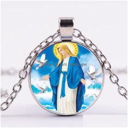 Pendant Necklaces New Blessed Virgin Mary Necklace Mother And Baby Art Po Jesus Glass Cabochon Women Christian Jewellery Drop Delivery P Dhp8X