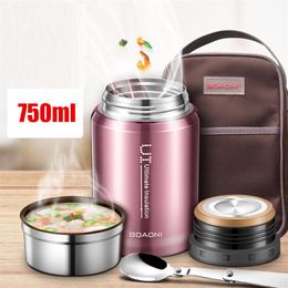 BOAONI 750ml Thermos Food Jar Vacuum Insulated Stainless Steel Thermal Kitchen Lunch Box Keep Heat Containers With Folding Spoon T2814