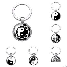 Keychains Lanyards Taiji Bagua Symbol Glass Cabochon Keychain Bag Car Key Chain Ring Holder Charms Sier Colour Men Women Gifts Drop D Dhcsz