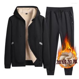 Men's Tracksuits Zipper Hoodies Trousers Keep Warm Leisure Running Sports Fashion Men Solid Winter Thick Tracksuit Lamb Wool Sets