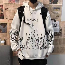 Women's Hoodies Gothic Flame Print Women Men Casual Loose Sweatshirt Harajuku Y2K Long Sleeve Hooded Jacket Coat Unisex Pullovers Tops