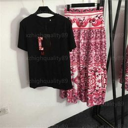 Two-piece Suit Womens Clothing T-shirt And Skirt Sets Embroidered Letter Short Sleeve Tshirt Vintage Floral Print High Waist Mid-Length Skirts Two Piece Set Women 55