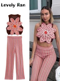 Cover-up Fashion Hook Flower Hollow Knitted Long Pant Sets Women Retro Cropped Tank Vest Pants Two Pieces Sets Female High Street Outifit