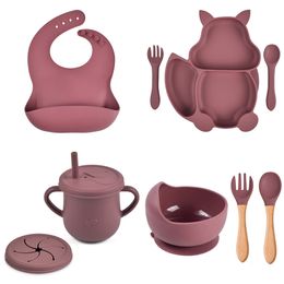 Cups Dishes Utensils 8 Pcs Baby Soft Silicone Suction Cup Bowl Dinner Plate Bib Spoon Fork Set Anti Slip Cutlery for Kids Feeding 230726