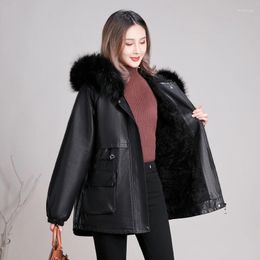 Women's Leather Large Faux Fur Collar Plus Velvet Cotton Coat Mid-length 2023 Fashion Winter Jacket Women